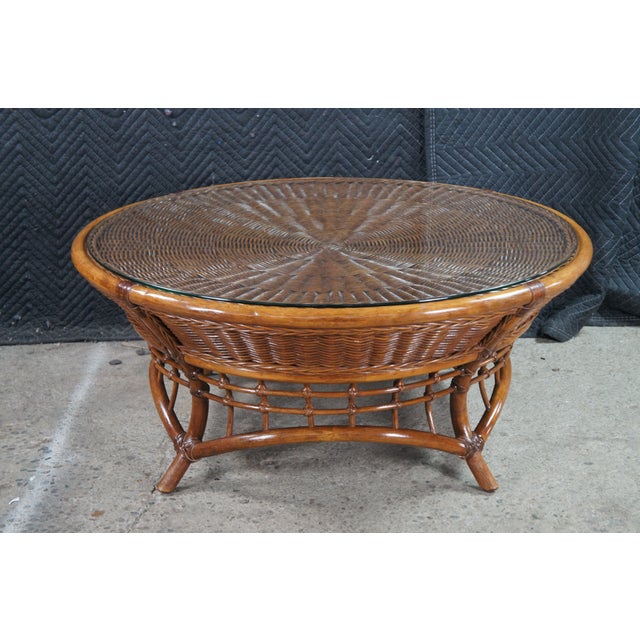 Mid 20th Century Mid 20th Century Mid Century Bohemian Round Woven Bamboo Rattan Coffee Table 38" For Sale - Image 5 of 11
