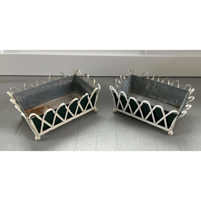 Metal 1930's White Painted Zinc Cachepot Planters or Jardinieres With Green Tole Liners on Ball Feet - a Pair For Sale - Image 7 of 13