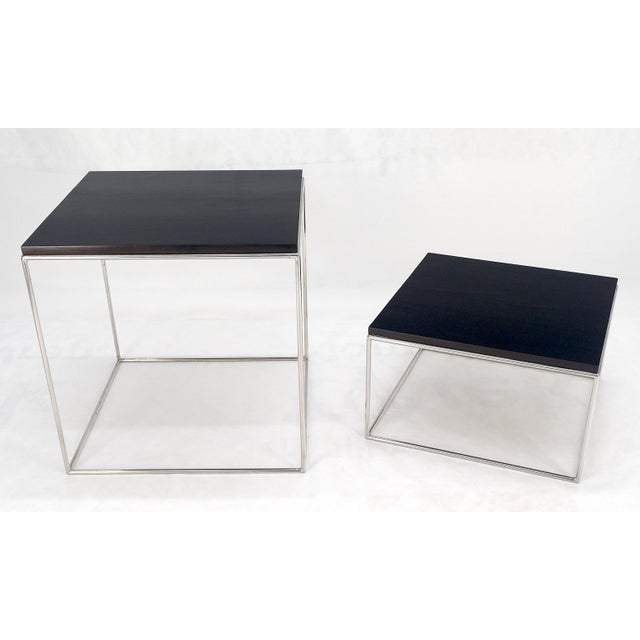Mid-Century Modern Espresso Walnut Cube Shape Nesting End Tables Polished Stainless Steel Chrome For Sale - Image 3 of 6