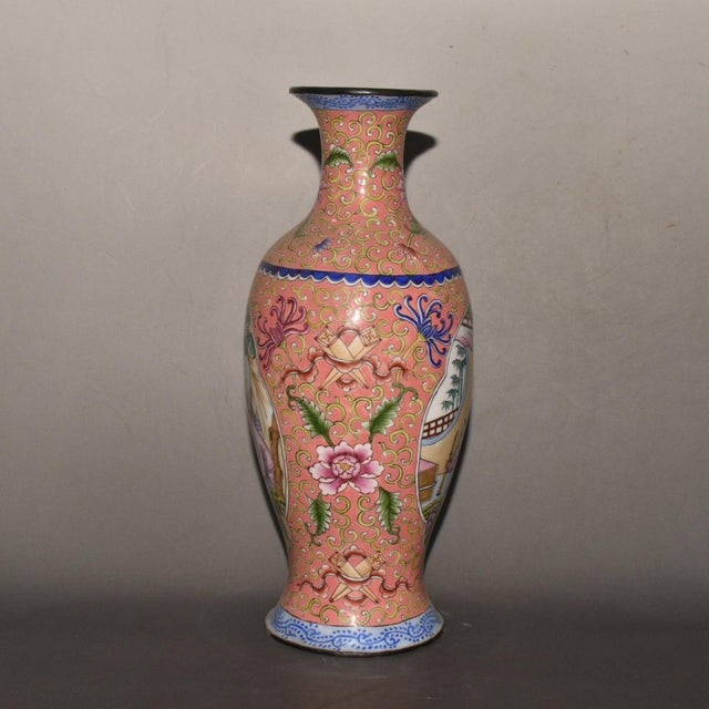 Chinese Vintage Chinese Gilt Copper Enamel "Lady & Boy" Figural Vase, Qianlong Mark - 634g For Sale - Image 3 of 9