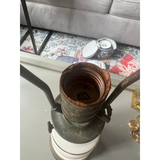 Early 20th Century Vintage Ivory Porcelain Floral Oil Brass Lamp Converted to Electric Lamp 20” For Sale - Image 5 of 8