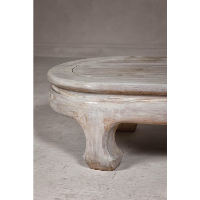Teak Wood Vintage Whitewash Low Coffee table with Oval Top and Carved Legs For Sale - Image 11 of 12
