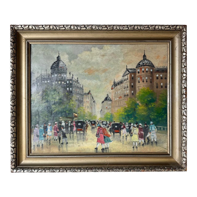 1950s Vintage Parisian Street Landscape Oil on Canvas Painting, Unsigned For Sale