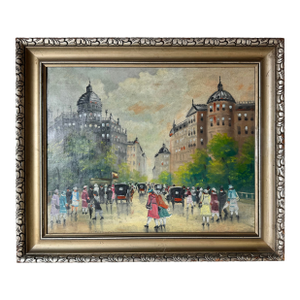 1950s Vintage Parisian Street Landscape Oil on Canvas Painting, Unsigned