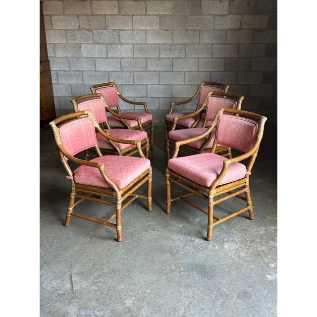 1980s 1980s McGuire All Arm Organic Modern Rattan and Leather Dining Chairs- Set of 6 For Sale - Image 5 of 12