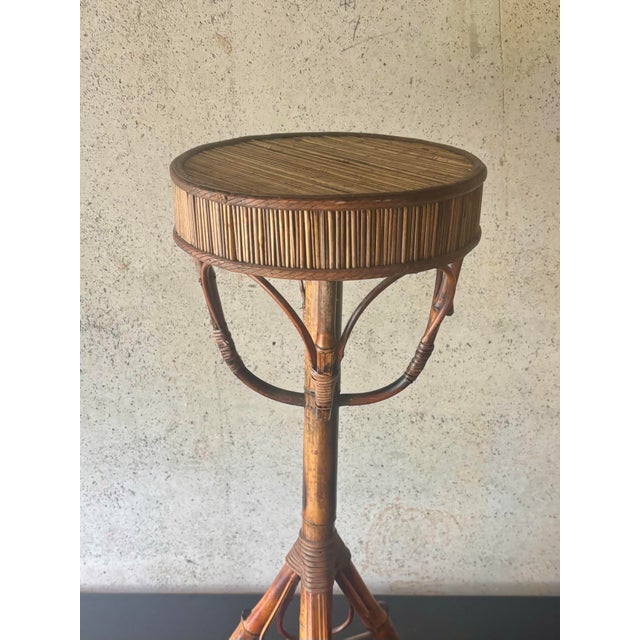 Hollywood Regency Vintage Coastal Handcrafted Bamboo & Cane Pedestal Plant Stand For Sale - Image 3 of 6