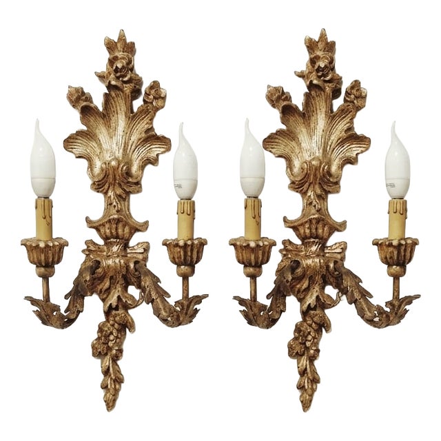 Hand-Carved Wood Wall Lamps, 1890s, Set of 2 For Sale