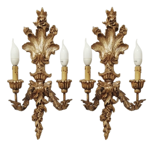 Hand-Carved Wood Wall Lamps, 1890s, Set of 2