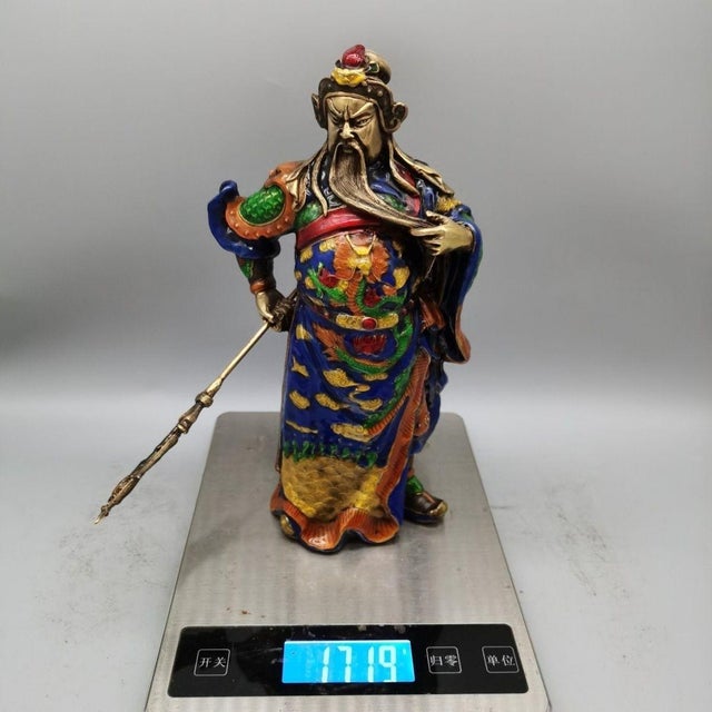 Metal Enameled Brass Guan Gong Sculpture, Colorful Cloisonne Warrior God Figurine, Chinoiserie Tabletop Decor For Sale - Image 7 of 8
