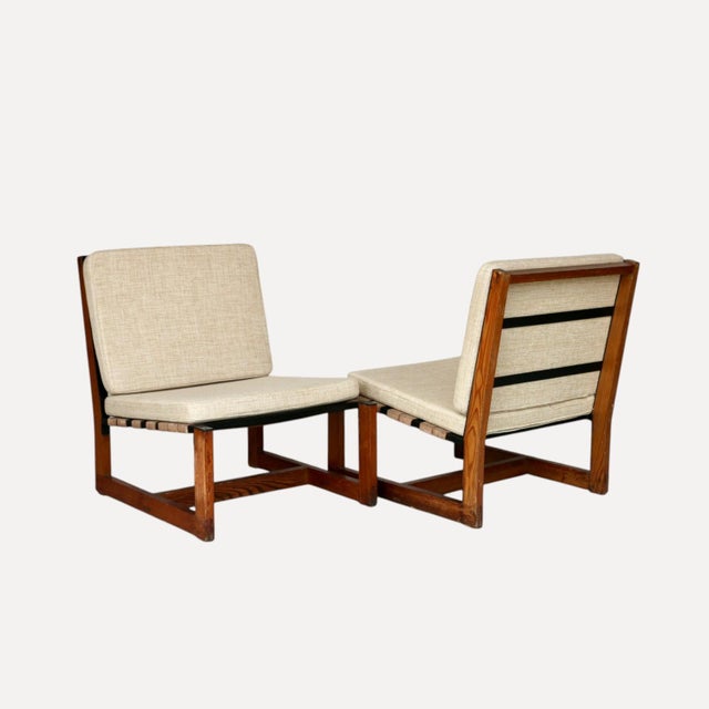 Brown Lounge Chairs with Wooden Frames, Fabric Strap Seats, Metal Slat Backrests and Beige Upholstery France, 1950s, Set of 2 For Sale - Image 8 of 15