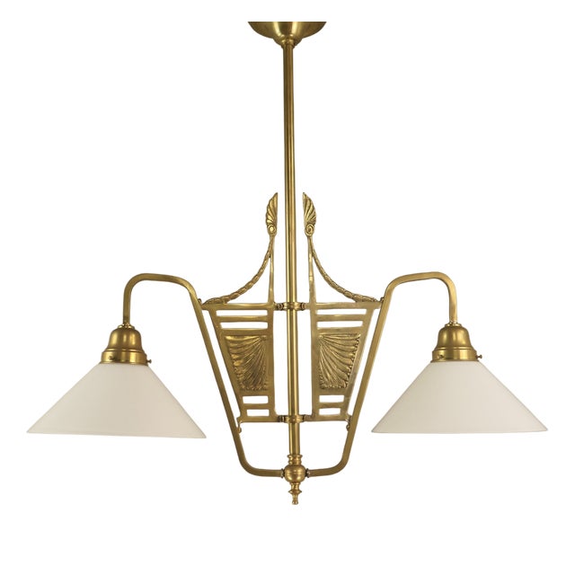 French Chandelier in Brass with Opal Glass Shade, 1890s For Sale