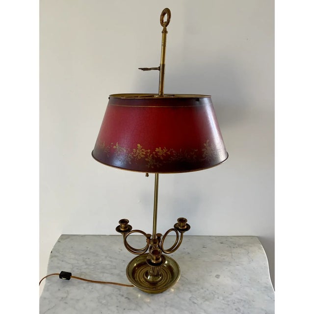 Mid 20th Century French Provincial Brass Three-Arm Horn Bouillotte Lamp With Red Tole Shade For Sale - Image 10 of 10