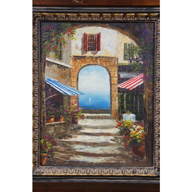 Late 20th Century Timeless Treasures Mediterranean Courtyard Terrace Seascape Oil Painting 18" For Sale - Image 9 of 12
