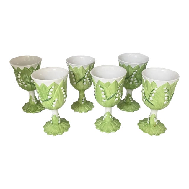 6 Ceramic Lily of the Vally Italian Goblets For Sale