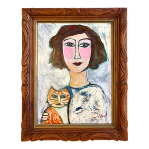 2026 Ruth Arenz Young Lady With Her Cat Painting in Vintage French Frame