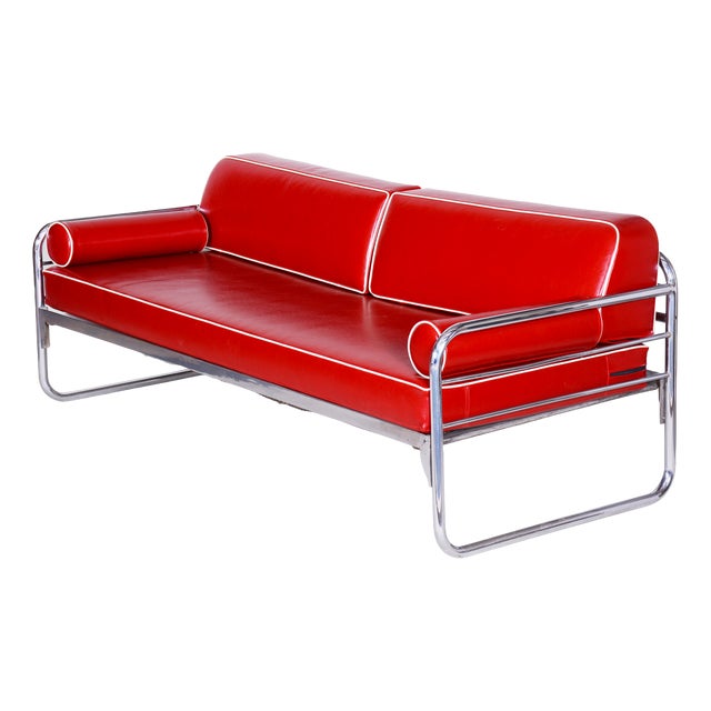 Bauhaus Sofa in Chrome and Leather attributed to Hynek Gottwald, Czech, 1930s For Sale