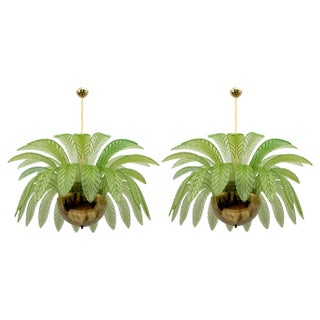 Large Mid-Century Modern Palm Leaves Chandeliers in Murano Glass and Brass, 1970s, Set of 2 For Sale