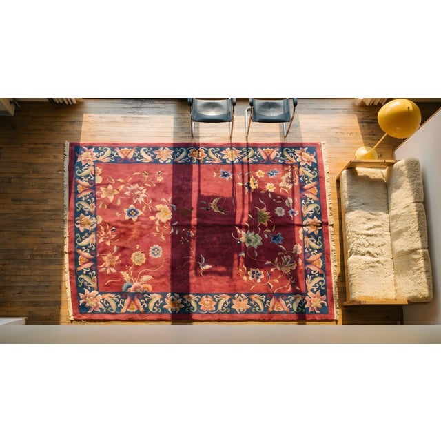 Textile 1920s Pink Floral Modern Antique Chinese Art Deco Rug 9'0" X 11'6" Handknotted Wool Carpet For Sale - Image 7 of 9