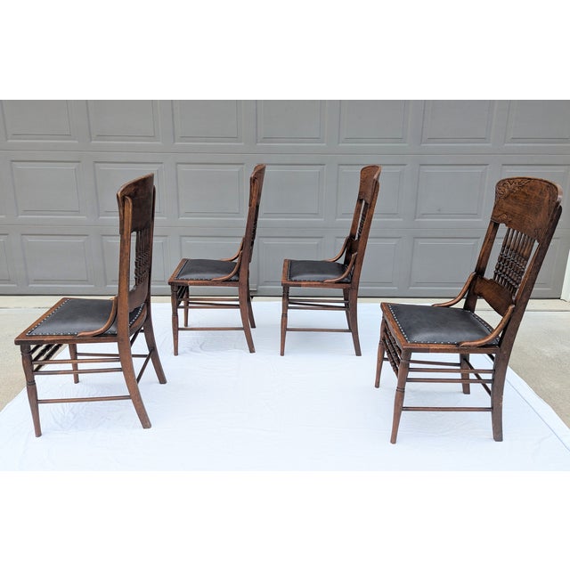 Late 19th Century Victorian Pressed Back Oak Dining Chairs Leather Seats Spindle Back For Sale - Image 17 of 18
