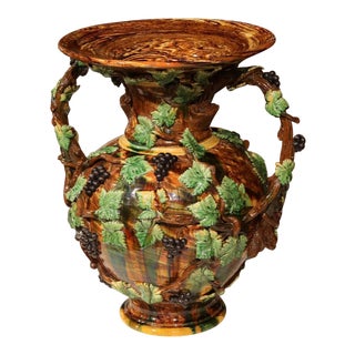 19th Century French Hand-Painted Barbotine Vine Motif Vase For Sale