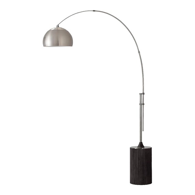 1980s Half Dome Adjustable Satin Nickel Floor Lamp - 92" Mid Century Modern, Black Oak Base, Dimmable For Sale
