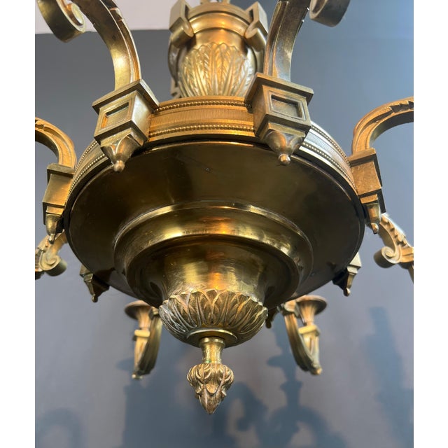 1940s Louis XVI style 8-arm chiseled bronze chandelier by Lucien For Sale - Image 9 of 12