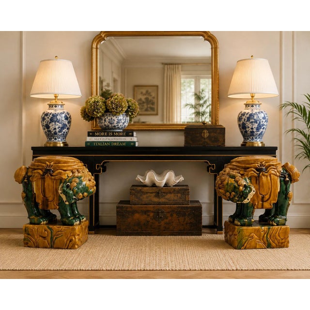 Mid 20th Century Mid-Century Chinese Export Majolica Glaze Foo Dog Pottery Garden Seats Side Tables - Pair For Sale - Image 5 of 5