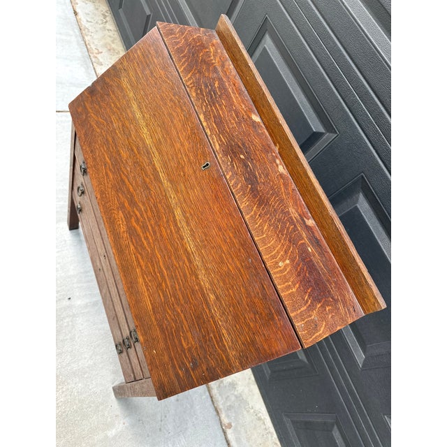 Wood Antique Early 20th Century Quarter Sawn Oak Drop Front Secretary With Drawers - Solid Wood Accent Chest With Ring Pulls For Sale - Image 7 of 17