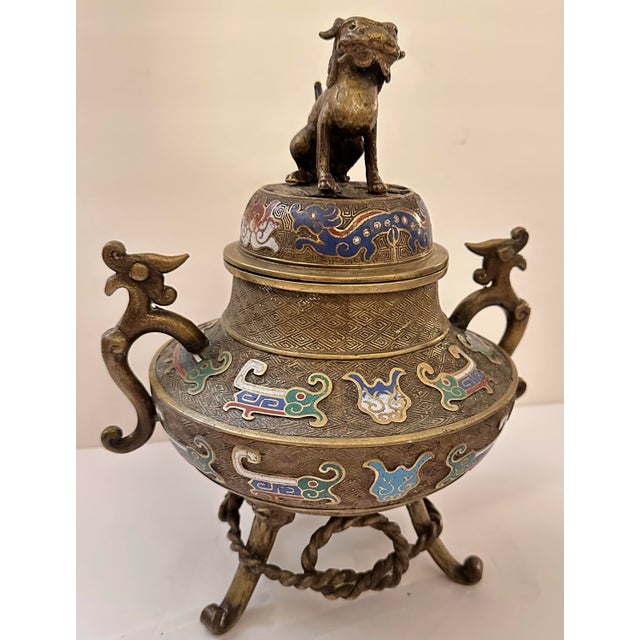 Early 20th Century Chinese Foo Dog Bronze Cloisonné Censor For Sale - Image 4 of 12