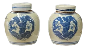 Blue White Small Oriental Double Kids Porcelain Ginger Jars - a Pair