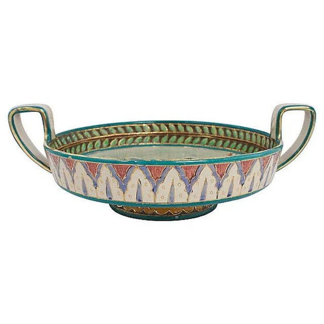 Mid-Century hand-painted Italian Deruta pottery console bowl with sgraffito motif. Signed "Deruta Italy CO171/35". Tiny...