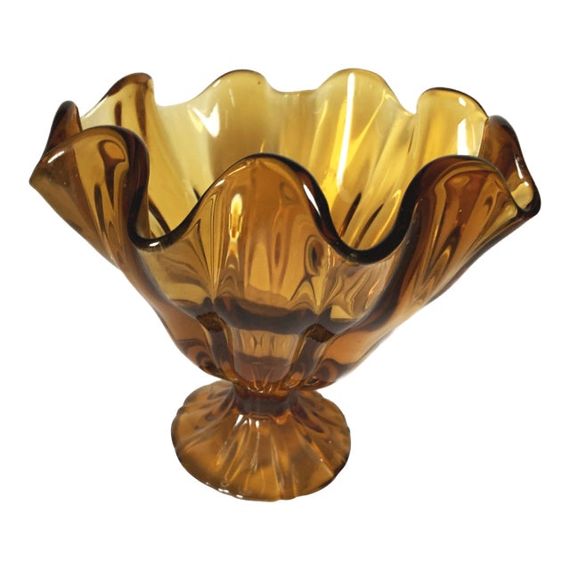 Vintage Amber Art Glass Pedestal Dish Candy Dish Rufflle Edge Bowl Glass For Sale
