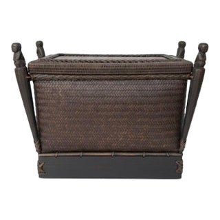 Chic Vintage Maximalist Tribal Rattan Storage Trunk / Japandi Coffee Table With Carved Guardians For Sale