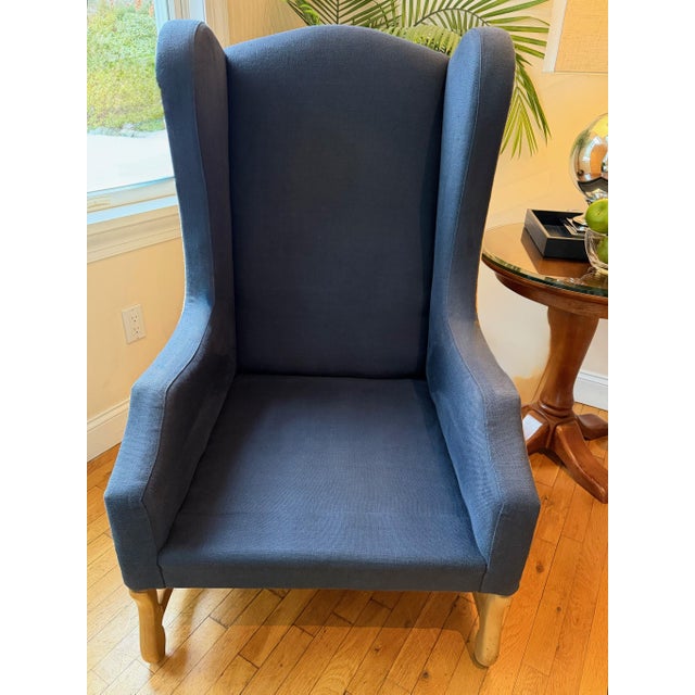 Wood Custom Two-Toned Wingback Chair by Restoration Hardware in Navy Blue, Nail-Head Trim For Sale - Image 7 of 18