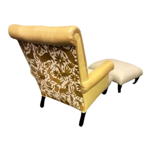 Ralph Lauren Home Vintage Chesterfield Chair and Ottoman Reupholstered With Otomi Hand Embroidery and Leather