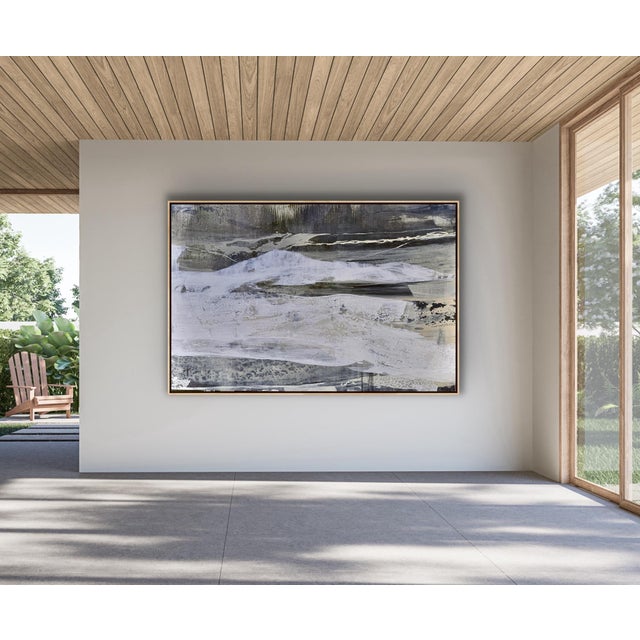 This original large scale mixed media abstract landscape includes a maple wood floater frame and can be hung in any direction