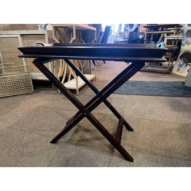 Campaign Vintage Folding Wood Tray Table With X-Base For Sale - Image 3 of 5