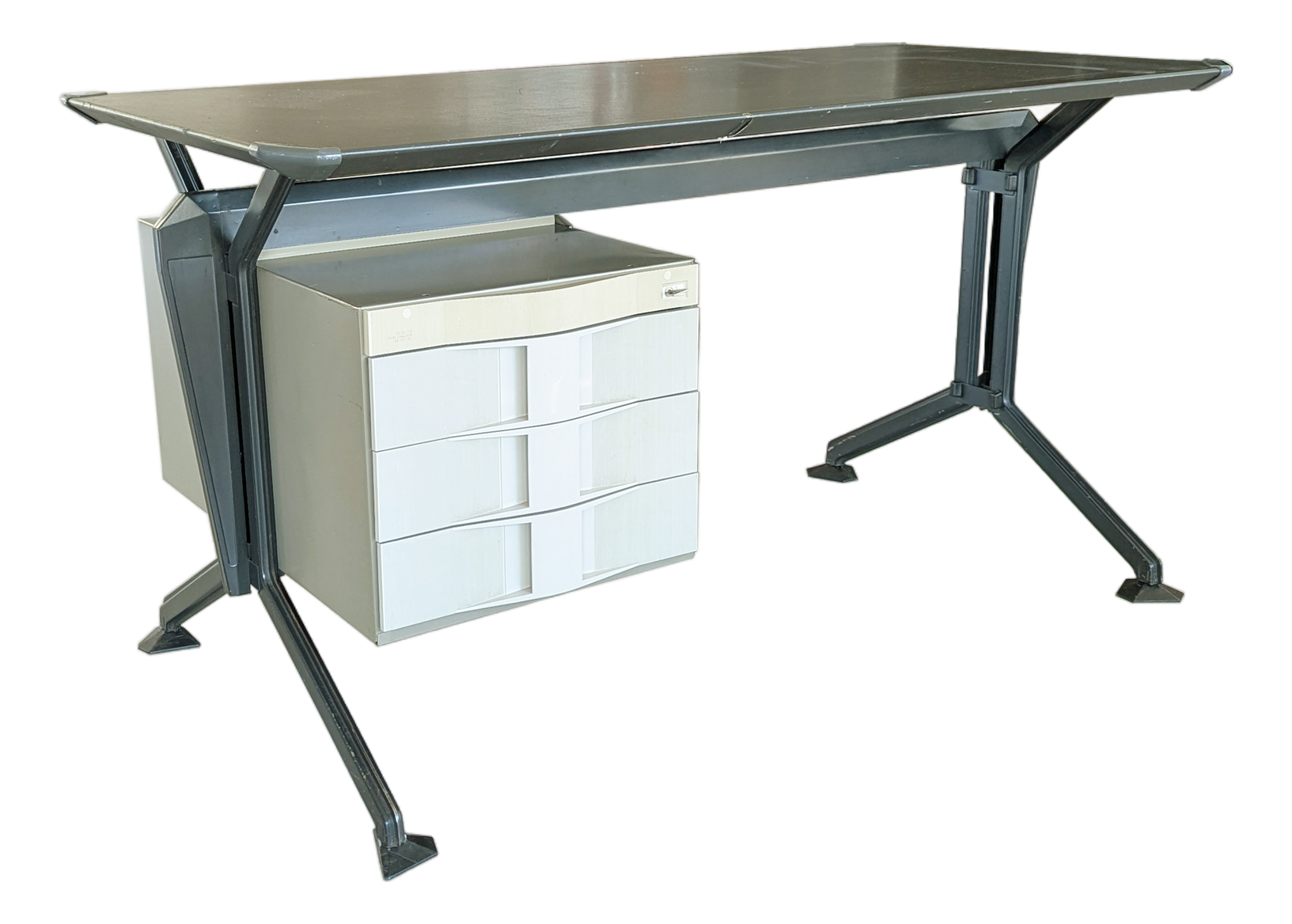 Desk with metal frame and grey vinyl top and drawer unit.