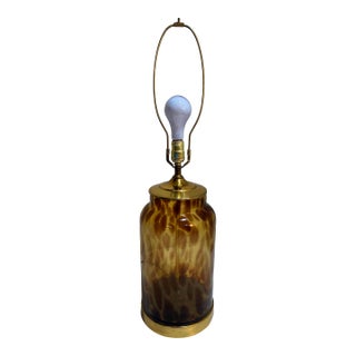 Oversized Vintage Tortoiseshell Art Glass Table Lamp With Brass Base — Hollywood Regency Style For Sale
