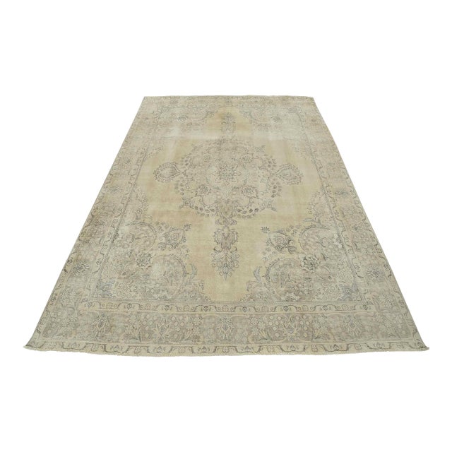 Tabriz Rug 9’8” X 12’9” Beige Wool Vintage Distressed Hand-Knotted Carpet For Sale