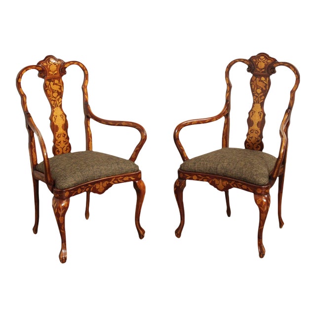 Dutch Marquery Inlaid Mahogany Pair of Armchairs For Sale
