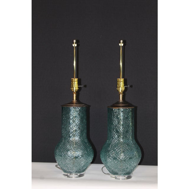 Cerulean Mid 20th Century Mezza Murano Style Lamps - a Pair For Sale - Image 8 of 11