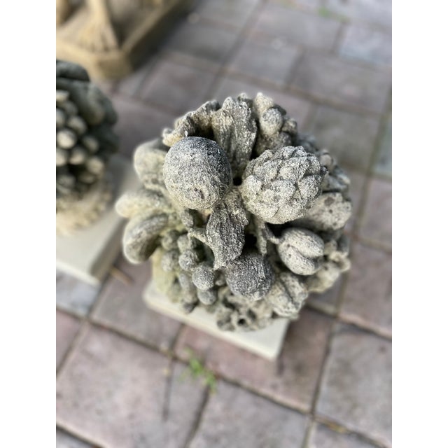 1940s 1940s Pair of Monumental Hand-Carved Fruit Topiary Sculptures on Pedestals For Sale - Image 5 of 10