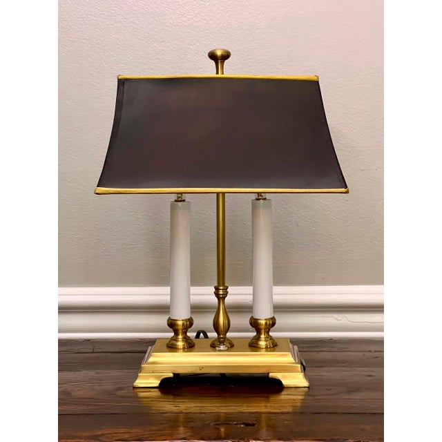 The most charming petite, hand-finished brass twin candelabra bouillotte style library desk lamp by Wildwood. It features...