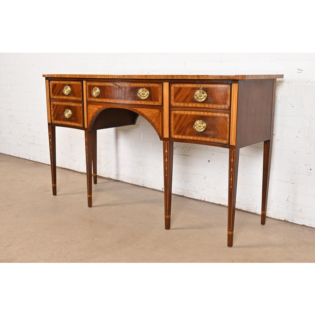 English Councill Federal Inlaid Flame Mahogany and Satinwood Sideboard Credenza For Sale - Image 3 of 14