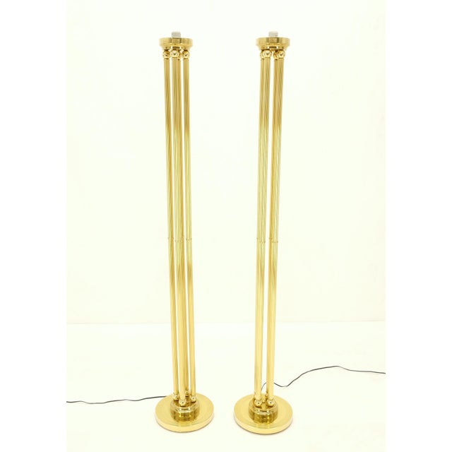 Mid-Century Modern Pair of Mid Century Modern Brass Etched Glass Shades Torcheres Floor Lamps MINT! For Sale - Image 3 of 13