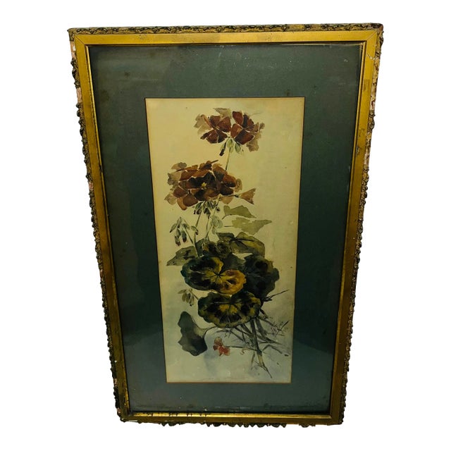 1899 Signed Floral Watercolor of a Flower Bouquet of Impatiens & Violets in the Original Frame For Sale