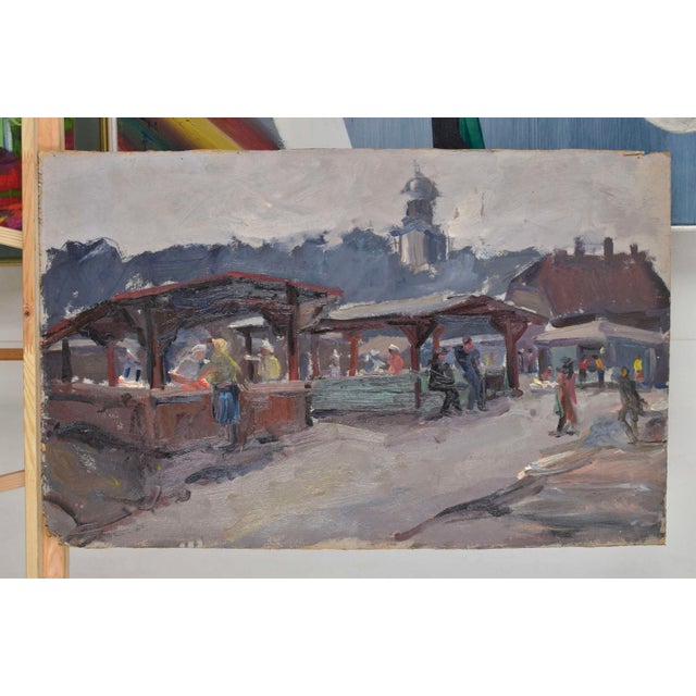 Laimonis Bubieris, Market in Jelgava. 1960s, 1960s, Oil on Cardboard, in Good conditions. Designed 1960 to 1969 This piece...
