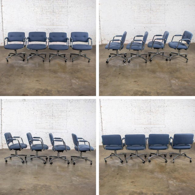 Late 20th Century Modern Set of 4 Steelcase Swivel Dining or Game Chairs 4 Prong Chrome Bases W/Casters For Sale - Image 12 of 18