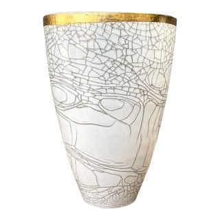 Vintage Italian Gold Rimmed Crackle Ceramic Vase For Sale